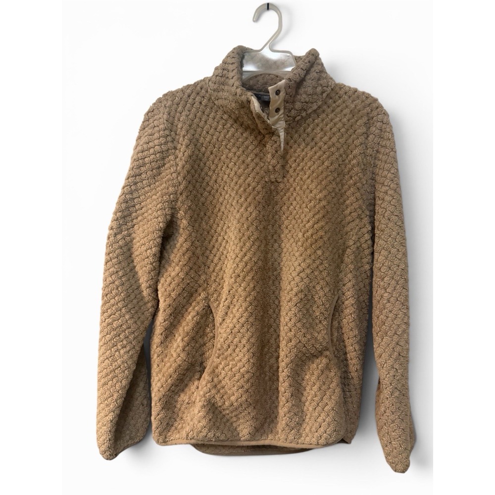 Eddie Bauer Sherpa Fleece Pullover Womens L Snap Mock Neck Teddy Cozy Beige